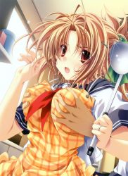 Rule 34 | 1girl, absurdres, antenna hair, apron, grabbing another&#039;s breast, brown hair, d:, fang, grabbing, hair ornament, hairclip, highres, huge filesize, jewelry, ladle, lens flare, miyama-zero, open mouth, plaid, plaid apron, red eyes, ring, school uniform, serafuku