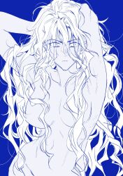Rule 34 | 1girl, arms up, blue theme, breasts, closed mouth, commentary, completely nude, eyes visible through hair, frown, genderswap, genderswap (mtf), hair censor, hair over breasts, hair over face, highres, large breasts, long hair, millions knives, mole, mole under eye, monochrome, nude, sakanaokashi, sideways glance, simple background, solo, trigun, upper body, wavy hair