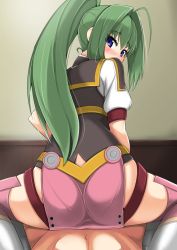 Rule 34 | 10s, 1boy, 1girl, ahoge, akari acura, alfort (may0508), ass, blue eyes, blush, clothed female nude male, clothed sex, from behind, girl on top, green hair, hair intakes, hetero, hitsugi no chaika, implied sex, long hair, looking back, nude, pantylines, pelvic curtain, ponytail, pov, solo focus, straddling, thighhighs