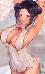 1girl 6_may_6 arm_behind_head arm_up armpits blurry blurry_background breast_curtains breasts brown_eyes dark-skinned_female dark_skin double_bun dress earrings floral_print flower hair_bun highres jewelry large_breasts mole mole_on_breast mole_under_eye nijisanji nijisanji_en piercing pink_gemstone scarle_yonaguni short_dress solo stretching tongue tongue_piercing two-tone_nails virtual_youtuber white_dress white_flower