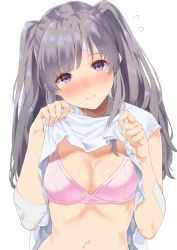 Rule 34 | 1girl, bandaged arm, bandages, bandaid, bandaid on arm, bandaid on face, bandaid on forehead, blush, bra, breasts, cleavage, closed mouth, clothes lift, commentary request, dress, dress lift, fingernails, flying sweatdrops, grey hair, hands up, head tilt, idolmaster, idolmaster shiny colors, lifting own clothes, long hair, looking at viewer, mamedenkyuu (berun), medium breasts, navel, nose blush, pink bra, purple eyes, short sleeves, sidelocks, simple background, smile, solo, standing, stomach, twintails, underwear, upper body, white background, white dress, yukoku kiriko