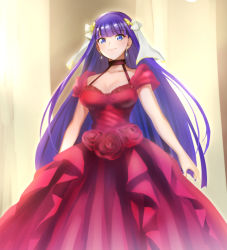 Rule 34 | 1girl, absurdres, aoba (smartbeat), bare shoulders, blue eyes, breasts, cleavage, collarbone, dress, earrings, fate/grand order, fate (series), flower, hair ribbon, highres, jewelry, large breasts, long hair, looking at viewer, martha (fate), purple hair, red dress, ribbon, smile, solo