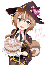 Rule 34 | 1girl, :d, adekrifki, animal ears, ayunda risu, ayunda risu (3rd costume), blazer, blonde hair, blush, brooch, brown hair, cake, candle, collared shirt, flower, food, gloves, green eyes, happy birthday, hat, hat belt, hat flower, highres, holding, holding food, holding plate, hololive, hololive indonesia, jacket, jewelry, looking at viewer, multicolored hair, neck ribbon, open mouth, plate, ribbon, shirt, short hair with long locks, skirt, smile, solo, squirrel ears, squirrel girl, squirrel tail, streaked hair, tail, two-tone hair, virtual youtuber, witch hat