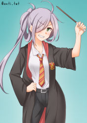 Rule 34 | 1girl, ahoge, anti (untea9), asashimo (kancolle), badge, black pants, blouse, coat, collared shirt, commentary request, contrapposto, cosplay, cowboy shot, gradient background, gradient hair, green background, green eyes, grin, gryffindor, hair over one eye, hand on own hip, harry potter (series), highres, hogwarts school uniform, kantai collection, long hair, looking at viewer, multicolored hair, necktie, pants, ponytail, school uniform, shirt, silver hair, smile, solo, striped necktie, striped neckwear, twitter username, wand, white shirt, wizarding world