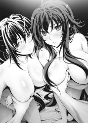 Rule 34 | 10s, 1boy, 2girls, artist request, blush, grabbing another&#039;s breast, breasts, deep skin, grabbing, high school dxd, himejima akeno, hyoudou issei, large breasts, long hair, looking at viewer, monochrome, multiple girls, novel illustration, official art, rias gremory, smile