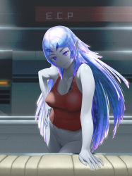 Rule 34 | 1girl, arm support, bare shoulders, blue eyes, blue hair, bottomless, breasts, cleavage, cleft of venus, closed mouth, collarbone, commission, covered erect nipples, elma (true form) (xenoblade x), elma (xenoblade x), facial mark, fingernails, glowing, half-closed eyes, hand on own hip, highres, indoors, large breasts, light blue hair, long hair, looking at viewer, natto soup, navel, no bra, parted bangs, pointy ears, purple eyes, pussy, red shirt, red tank top, shirt, sleeveless, smile, solo, spoilers, standing, straight hair, tank top, thick eyebrows, very long hair, xenoblade chronicles (series), xenoblade chronicles x