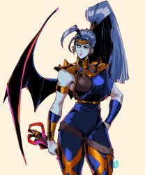 Rule 34 | 1990s (style), 1girl, ancient greek clothes, antenna hair, armlet, asymmetrical clothes, bat wings, beige background, blue hair, blue skin, bracer, breasts, circlet, colored skin, commentary, david liu, earrings, english commentary, greco-roman clothes, hades (series), hades 1, hand on own hip, high ponytail, highres, holding, holding weapon, jewelry, long hair, medium breasts, megaera (hades), multiple earrings, orange eyes, ponytail, retro artstyle, revision, single wing, solo, spiked pauldrons, thick thighs, thighs, very long hair, weapon, wings