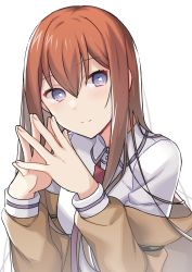 Rule 34 | 1girl, absurdres, blush, brown hair, brown jacket, closed mouth, collared shirt, commentary request, fingernails, grey eyes, hair between eyes, highres, jacket, long hair, long sleeves, makise kurisu, namari, necktie, off-shoulder jacket, off shoulder, own hands together, red necktie, shirt, simple background, smile, solo, steins;gate, upper body, white background, white shirt