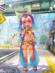 Rule 34 | 1girl, animal ear fluff, animal ears, armlet, bell, chain paradox, choker, city, dark-skinned female, dark skin, day, dennryuurai, earrings, egyptian clothes, finger to mouth, highres, jewelry, jingle bell, long hair, looking at viewer, navel, outdoors, pink hair, red eyes, solo, swept bangs, tail, thighlet