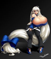 Rule 34 | 1girl, absurdres, bare shoulders, bell, neck bell, between breasts, black background, blue eyes, breasts, cleavage, collar, curvy, full body, gigantic breasts, highres, long hair, looking at viewer, parted lips, pointy ears, ppangge, silver hair, smile, solo, standing, very long hair, wide hips