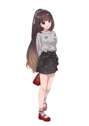 Rule 34 | 1girl, absurdres, arms behind back, black skirt, bow, brown hair, earrings, fate/grand order, fate (series), full body, gradient hair, grey socks, grey sweater, hair bow, hane yuki, high ponytail, highres, jewelry, long hair, looking at viewer, mary janes, miniskirt, multicolored hair, off-shoulder sweater, off shoulder, open mouth, osakabehime (fate), pencil skirt, polka dot, polka dot skirt, red eyes, red footwear, shoes, simple background, skirt, socks, solo, standing, sweater, very long hair, wavy mouth, white background