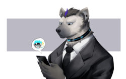 Rule 34 | 1boy, animal ears, arknights, black suit, collared shirt, ethan (arknights), formal, frown, furry, furry male, grey hair, highres, holding, holding phone, jaguar boy, jaguar ears, kou (ixkouu), male focus, necktie, phone, shirt, short hair, smile, solo, spot (arknights), suit, upper body, white shirt