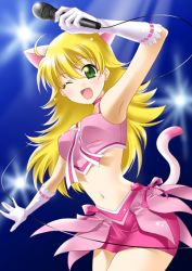 Rule 34 | 00s, 1girl, ;d, ahoge, animal ears, arm up, armpits, blonde hair, cat ears, crop top, cute &amp; girly (idolmaster), elbow gloves, gloves, green eyes, hoshii miki, idolmaster, idolmaster (classic), idolmaster 1, itsuki sayaka, long hair, microphone, midriff, navel, one eye closed, open mouth, skirt, smile, solo, tail