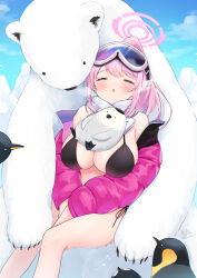 Rule 34 | 1girl, animal, bear, bikini, bird, black bikini, blue archive, blush, breasts, closed eyes, cold, eimi (blue archive), eimi (swimsuit) (blue archive), feet out of frame, goggles, goggles on head, halo, highres, jacket, large breasts, legs, long hair, long sleeves, masshirokachi, open mouth, outdoors, parted lips, penguin, pink hair, pink halo, pink jacket, polar bear, solo, swimsuit