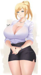 Rule 34 | 1girl, black skirt, blue eyes, breasts, cleavage, collarbone, collared shirt, commentary, commission, earrings, english commentary, expressionless, hair behind ear, highres, huge breasts, jewelry, mature female, nastart, necklace, office lady, original, pencil skirt, ponytail, shirt, skirt, solo, watch, white shirt, wristwatch