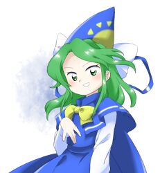 Rule 34 | 1girl, :d, blue capelet, blue hat, blue skirt, blue vest, bow, bowtie, buttons, capelet, green eyes, green hair, hand up, hat, long sleeves, looking at viewer, mima (touhou), nonamejd, official style, open mouth, shirt, single horizontal stripe, skirt, skirt set, smile, solo, touhou, touhou (pc-98), vest, white shirt, wizard hat, yellow bow, yellow bowtie, zun (style)