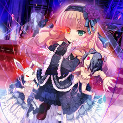 Rule 34 | &gt;:), 1girl, blue eyes, blush, brown hair, fang, fang out, flaming eye, gothic lolita, heterochromia, highres, kazumasa, kidatsu! dungeons lord, lolita fashion, long hair, looking at viewer, puppet, puppet strings, red eyes, smile, solo, v-shaped eyebrows