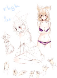 Rule 34 | 1girl, blush, bra, breast hold, breasts, cleavage, clothes pull, dated, light brown hair, looking back, makuwauri, multiple views, navel, panties, purple bra, purple panties, shirt pull, simple background, sitting, sketch, solo focus, touhou, toyosatomimi no miko, underwear, underwear only, white background