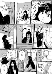 2girls alternate_costume braid closed_mouth commentary futon greyscale hakurei_reimu heater holding holding_plate indoors kirisame_marisa long_sleeves monochrome multiple_girls no_hair_bow no_headwear open_mouth plate shishi_osamu side_braid single_braid sleepwear smile speech_bubble touhou translation_request wide_sleeves