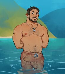 Rule 34 | 1boy, absurdres, bara, beach, beard, brown hair, bulge, coral island, covered penis, dark-skinned male, dark skin, day, erection, erection under clothes, facial hair, full beard, hairy, highres, jewelry, large pectorals, male focus, male swimwear, mature male, muscular, muscular male, necklace, pectorals, rafael (coral island), see-through, short hair, soapboii1, solo, sparse chest hair, sparse navel hair, standing, swim trunks, thick eyebrows, topless male, wading, wet male swimwear