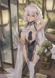 Rule 34 | 1girl, absurdres, architecture, azur lane, bad id, bad pixiv id, bonsai, braid, breast curtains, breasts, cherry blossoms, china dress, chinese clothes, cirilla lin, cleavage, crown braid, dress, east asian architecture, folding screen, garden, garter straps, gloves, grey dress, hair intakes, half gloves, highres, lantern, large breasts, neckwear between breasts, pelvic curtain, red eyes, see-through, short hair, sirius (azur lane), sirius (azure horizons) (azur lane), smile, solo, tatami, thighhighs, white hair, white thighhighs