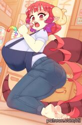Rule 34 | 1girl, absurdres, apron, ass, barefoot, blue shirt, blush, breasts, curled horns, denim, dragon tail, earrings, feet, from below, gradient hair, highres, horns, huge breasts, ilulu (maidragon), jeans, jewelry, kneeling, kobayashi-san chi no maidragon, long hair, looking down, multicolored hair, open mouth, pants, pointy ears, purple hair, red eyes, red hair, rtil, sharp teeth, shirt, short sleeves, slit pupils, soles, solo, sweat, tail, teeth, toes, tongue, twintails, two-tone hair, upper teeth only
