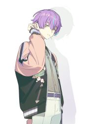 Rule 34 | 1boy, belt, blue hair, buttons, earrings, floral print, hand up, highres, jacket, jewelry, kamishiro rui, long sleeves, looking at viewer, male focus, multicolored hair, necklace, open clothes, open jacket, pants, project sekai, purple belt, purple hair, short hair, solo, streaked hair, tang fen yifu, two-tone hair, white background, white pants, yellow eyes
