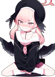 Rule 34 | 1girl, absurdres, beret, black hat, black wings, blue archive, blush, feathered wings, halo, hat, head wings, highres, koharu (blue archive), looking at viewer, low twintails, low wings, medium hair, odaneru apart, pink eyes, pink hair, pink neckwear, sailor collar, seiza, sitting, solo, twintails, white background, white sailor collar, winged hat, wings
