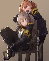 Rule 34 | 2girls, armband, black footwear, black gloves, black jacket, black pantyhose, brown hair, chair, closed eyes, closed mouth, commentary request, fingerless gloves, girls&#039; frontline, gloves, grey hair, hair between eyes, hair ornament, hairclip, highres, jacket, long hair, multiple girls, open mouth, pantyhose, pleated skirt, scar, scar across eye, scar on face, sitting, skirt, twintails, ump45 (girls&#039; frontline), ump9 (girls&#039; frontline), yellow eyes, yusuke gg