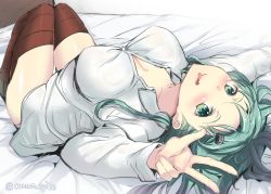 Rule 34 | 10s, 1girl, blush, breasts, cleavage, gin&#039;ichi (akacia), green eyes, green hair, huge breasts, kantai collection, large breasts, looking at viewer, lying, on back, on bed, open clothes, open shirt, shiny skin, shirt, solo, suzuya (kancolle), thighhighs, tongue, tongue out, v, white shirt