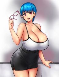 Rule 34 | 1girl, bare shoulders, blue hair, blurry, blurry background, breasts, cleavage, commentary, curvy, earrings, english commentary, erkaz, unworn eyewear, highres, holding, holding removed eyewear, huge breasts, jewelry, looking at viewer, original, pencil skirt, red eyes, rina atherina, short hair, skirt, tank top, thighs, white tank top