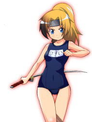 Rule 34 | 1girl, blonde hair, blue eyes, headband, name tag, one-piece swimsuit, ponytail, school swimsuit, solo, swimsuit, sword, weapon