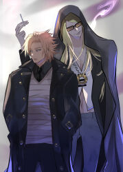 Rule 34 | 2boys, absurdres, black coat, black necktie, black pants, black shirt, blonde hair, cigarette, closed mouth, coat, daybit sem void, fate/grand order, fate (series), grey pants, grin, hands in pockets, highres, holding, holding cigarette, hood, hood up, hooded coat, looking to the side, male focus, multiple boys, navel, necktie, pants, pectoral cleavage, pectorals, shirt, short hair, smile, smoking, solo, striped clothes, striped shirt, tezcatlipoca (fate), tinted eyewear, udonmoudon, vest, white vest