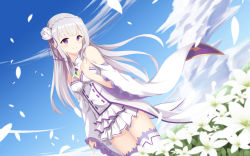 Rule 34 | 1girl, blue sky, breasts, closed mouth, cloud, cloudy sky, commentary, day, detached sleeves, dress, emilia (re:zero), flower, frills, gem, hairband, hand up, highres, jewelry, leaf, long sleeves, looking at viewer, medium breasts, purple eyes, re:zero kara hajimeru isekai seikatsu, revision, sky, smile, solo, standing, thighhighs, white dress, white flower, white hair, white hairband, white thighhighs, wide sleeves, yasuharasora