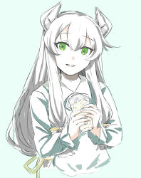 Rule 34 | 1girl, absurdres, black hair, cropped torso, cup, green background, green eyes, green shirt, hagioshi, hair between eyes, hair ribbon, headgear, highres, holding, i-47 (kancolle), kantai collection, long hair, long sleeves, low-tied long hair, official alternate costume, parted lips, ribbon, shirt, simple background, solo, tress ribbon, very long hair, yellow ribbon