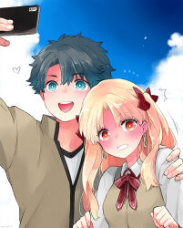 Rule 34 | 1boy, 1girl, :d, azumi (myameco), black hair, blonde hair, blue eyes, blue sky, cellphone, cloud, day, earrings, ereshkigal (fate), fate/grand order, fate (series), fujimaru ritsuka (male), hair ribbon, hand on another&#039;s shoulder, holding, holding phone, jewelry, long hair, open mouth, outdoors, phone, red ribbon, ribbon, school uniform, selfie, short hair, sky, smile