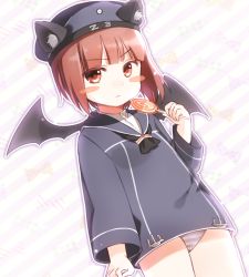 Rule 34 | 10s, 1girl, animal ears, bad id, bad pixiv id, bat ears, bat wings, blush, blush stickers, bow, brown hair, candy, cat ears, clothes writing, dress, food, halloween, halloween costume, holding, kantai collection, lollipop, military, military uniform, mugi no yae, neckerchief, orange eyes, outline, panties, sailor collar, sailor dress, short hair, solo, striped background, striped clothes, striped panties, underwear, uniform, wings, z3 max schultz (kancolle)