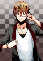 Rule 34 | 1boy, adjusting eyewear, attsun (atsushi jb), bad id, bad pixiv id, brown hair, chain, checkered background, cross, glasses, jewelry, male focus, necklace, original, red-framed eyewear, red eyes, ring, solo, watch