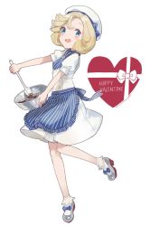 Rule 34 | 1girl, alternate costume, apron, blonde hair, blue eyes, blue neckerchief, bowl, chocolate, commentary request, dress, full body, hat, heart, janus (kancolle), kantai collection, neckerchief, one-hour drawing challenge, open mouth, sailor hat, short hair, simple background, solo, spatula, striped apron, striped clothes, striped neckerchief, white background, white dress, white hat, yamashichi (mtseven)