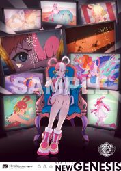 Rule 34 | 1girl, absurdres, bare legs, breasts, cowboy shot, dress, eyelashes, frilled dress, frills, hair over one eye, hair rings, headphones, highres, hug, lips, long hair, long sleeves, looking at viewer, multicolored clothes, multicolored hair, multiple persona, multiple views, music, official art, one piece, one piece film: red, open clothes, open mouth, puffy long sleeves, puffy sleeves, purple eyes, red hair, ribbon, sample watermark, sidelocks, sitting, sleeves past wrists, split-color hair, teeth, title, two-tone hair, uta (one piece), watermark, white dress, white hair, wide hips