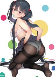 Rule 34 | 1girl, absurdres, ass, black hair, blush, bra, breasts, candy, clothes lift, food, hair bobbles, hair ornament, hair over shoulder, highres, jagayamatarawo, kneeling, large breasts, leaning forward, lifted by self, lollipop, long hair, looking back, mouth hold, no shoes, original, panties, panties under pantyhose, pantyhose, red eyes, skirt, skirt lift, solo, strap gap, thighband pantyhose, twintails, underwear, very long hair, white bra, white panties