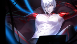 Rule 34 | 1boy, acaciafifth, arm up, bright pupils, cable, collarbone, covered abs, covered navel, cyborg, eyes visible through hair, facial mark, fulgur ovid, glowing, grey eyes, hair between eyes, highres, light particles, looking at viewer, lower teeth only, male focus, mechanical arms, nijisanji, nijisanji en, parted lips, screen light, solo, spread legs, teeth, virtual youtuber, white hair, white pupils