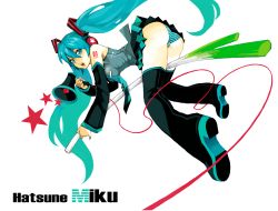 Rule 34 | 1girl, aqua eyes, aqua nails, ass, bad id, bad pixiv id, boots, detached sleeves, fishine, hatsune miku, legs, megaphone, nail polish, necktie, panties, solo, spring onion, striped clothes, striped panties, thigh boots, thighhighs, twintails, underwear, vocaloid