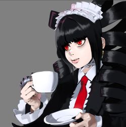 Rule 34 | 1girl, bags under eyes, black hair, black nails, black shirt, celestia ludenberg, claw ring, collared shirt, cup, danganronpa: trigger happy havoc, danganronpa (series), drill hair, drink, earrings, female focus, frilled hairband, frilled sleeves, frills, gothic lolita, grey background, hairband, hands up, holding, holding cup, holding drink, holding saucer, jewelry, lips, lolita fashion, long hair, long sleeves, nail polish, necktie, pale skin, parted lips, red eyes, red necktie, saucer, shirt, sidelocks, simple background, solo, teacup, twin drills, twintails, upper body, zippppiz