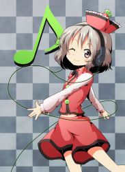 Rule 34 | 1girl, brown eyes, checkered background, female focus, grey hair, hat, highres, long sleeves, looking at viewer, lyrica prismriver, midriff, musical note, navel, one eye closed, silane, skirt, skirt set, smile, solo, star (symbol), touhou, wink
