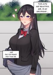 Rule 34 | 1girl, bag, band-width, black hair, black jacket, blush, bow, bowtie, breasts, bulge, collared shirt, commentary, english text, engrish text, erection, erection under clothes, futanari, grey skirt, hair between eyes, handbag, heart, highres, implied erection, implied futanari, jacket, large breasts, long hair, long sleeves, looking at viewer, nose blush, open mouth, original, outdoors, pleated skirt, pov, purple eyes, ranguage, red bow, red bowtie, shirt, sidelocks, skirt, smile, solo, standing