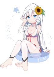 Rule 34 | 1girl, arm support, bad id, bad pixiv id, bikini, blue eyes, blush, braid, breasts, choker, cleavage, closed mouth, collarbone, commentary request, flower, front-tie bikini top, front-tie top, hair between eyes, highres, hiyuki-chan, hood, hood up, japanese clothes, kimono, long hair, long sleeves, looking at viewer, medium breasts, open clothes, open kimono, side-tie bikini bottom, silver hair, single braid, sitting, smile, solo, sound voltex, star (symbol), starfox1015, sunflower, swimsuit, very long hair, white background, white bikini, white choker, white kimono, yellow flower