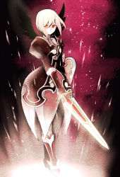 Rule 34 | 00s, 1girl, boots, coat, dark persona, dress, estellise sidos heurassein, expressionless, full body, no mouth, pink background, pink hair, pink theme, red eyes, shield, shirou (vista), short hair, solo, sword, tales of (series), tales of vesperia, weapon, wings