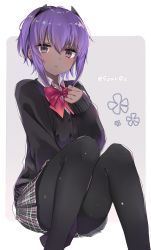 Rule 34 | 1girl, blush, cardigan, dark-skinned female, dark skin, fate/prototype, fate/prototype: fragments of blue and silver, fate (series), green skirt, hair between eyes, hassan of serenity (fate), knees up, looking at viewer, pantyhose, parted lips, plaid, plaid skirt, pleated skirt, purple eyes, purple hair, school uniform, shijima (sjmr02), short hair, sidelocks, sitting, skirt, sleeves past wrists, solo, twitter username