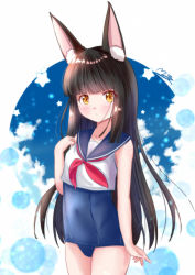 Rule 34 | 1girl, alternate costume, animal ears, azur lane, black hair, blue one-piece swimsuit, blunt bangs, commentary request, fox ears, long hair, looking at viewer, m ko (maxft2), nagato (azur lane), old school swimsuit, one-piece swimsuit, parted lips, school swimsuit, school uniform, serafuku, sidelocks, signature, solo, swimsuit, swimsuit under clothes, yellow eyes